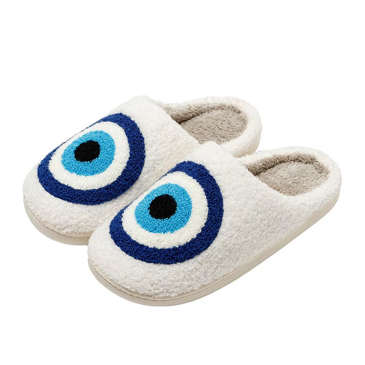 Evil Eyes Blue Embroidery Slippers High Quality Women Men Slippers Fashion Pattern Shoes Warm Home Devil'S Eyes Houseshoes