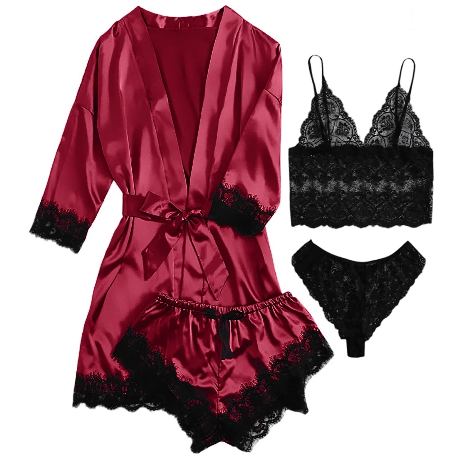 Sexy Lingerie,  Silk Satin Pajamas for Women, Womens Summer Pajamas Pjs Sets of 4 Pcs with Floral Lace Top Shorts and Robe, Gift for Women, Black, L